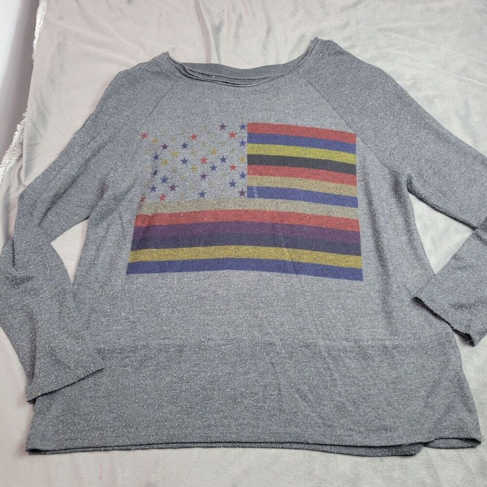 GO Couture Vintage Edition Gray Long Sleeve Top With Star & Stripe Flag Print